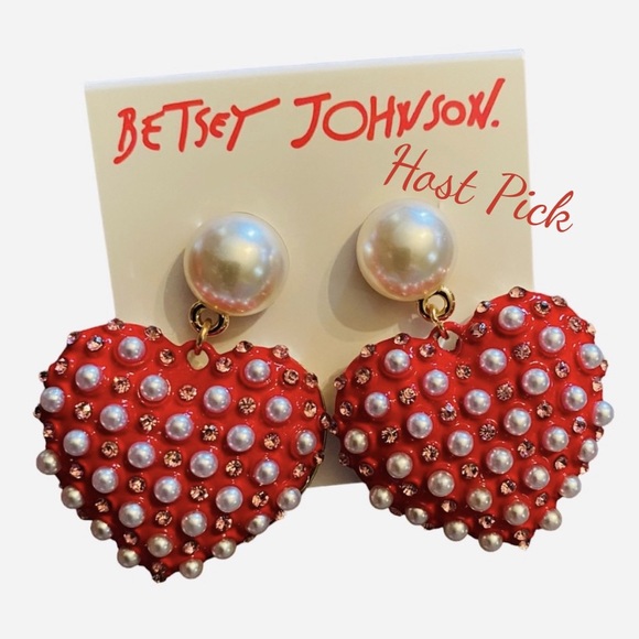 Betsey Johnson Jewelry - Betsey Johnson Earrings Puffed Red Hearts w Faux Pearls & Crystals Gold Tone NWT